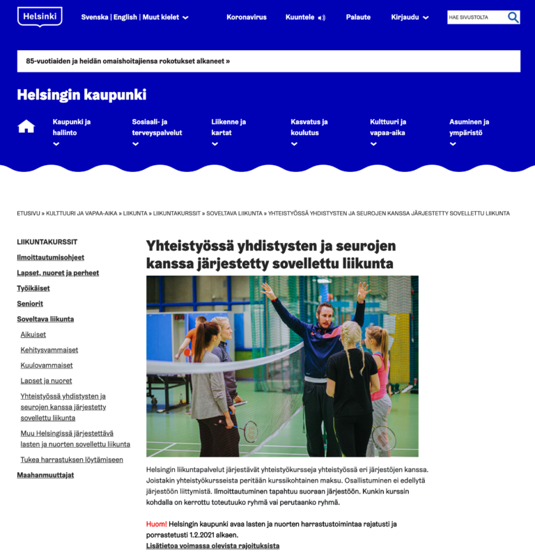 Helsingin kaupungin soveltavan liikunnan kurssit