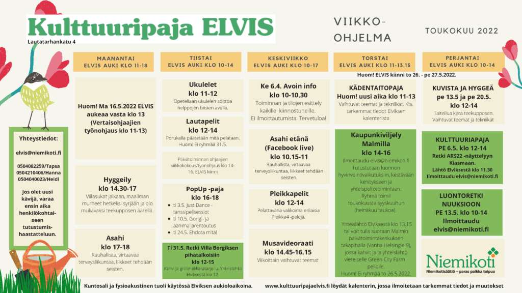 Kulttuuripaja Elvis viikko-ohjelma toukokuu 2022