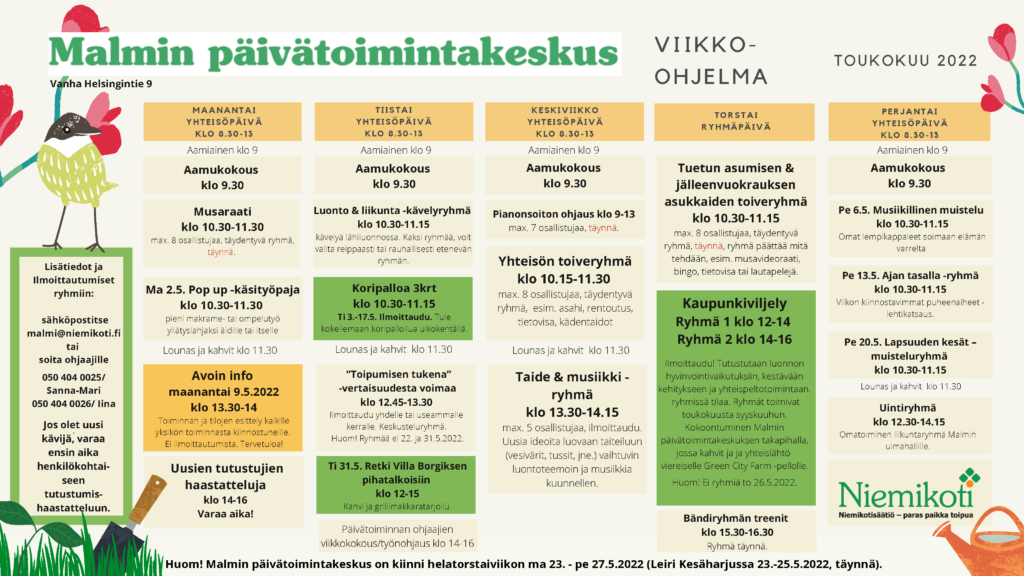 Malmin päivätoimintakeskus viikko-ohjelma toukokuu 2022