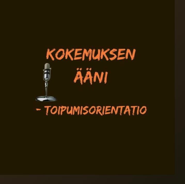Kuvitusmainos, jossa mikrofoni ja teksti "Kokemuksen ääni - toipumisorientaatio"
