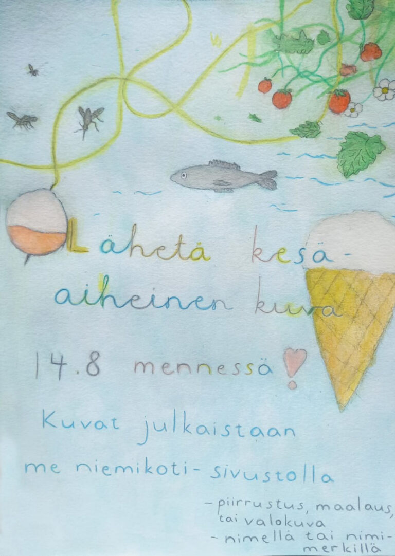 Mainospiirros, jossa kesäisiä elementtejä (kala, ongenkoho, jäätelö) ja teksti Lähetä kesäaiheinen kuva 14.8. mennessä