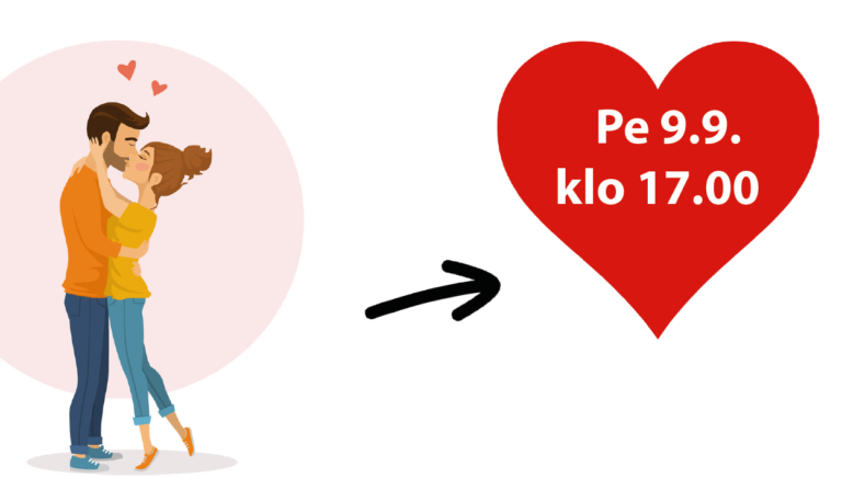Piirros, jossa suuteleva pari ja sydän, jonka sisällä pe 9.9. klo 17