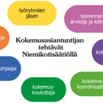 Kuvassa on seitsemän eriväristä kuplaa, joissa lukee: työryhmien jäsen, toiminnan arvioija ja kehittäjä, kokemuskouluttaja, kokemuskoordinaattori, kokemustiedottaja, vertaisohjaaja, ja ryhmänohjaaja. Keskellä luk