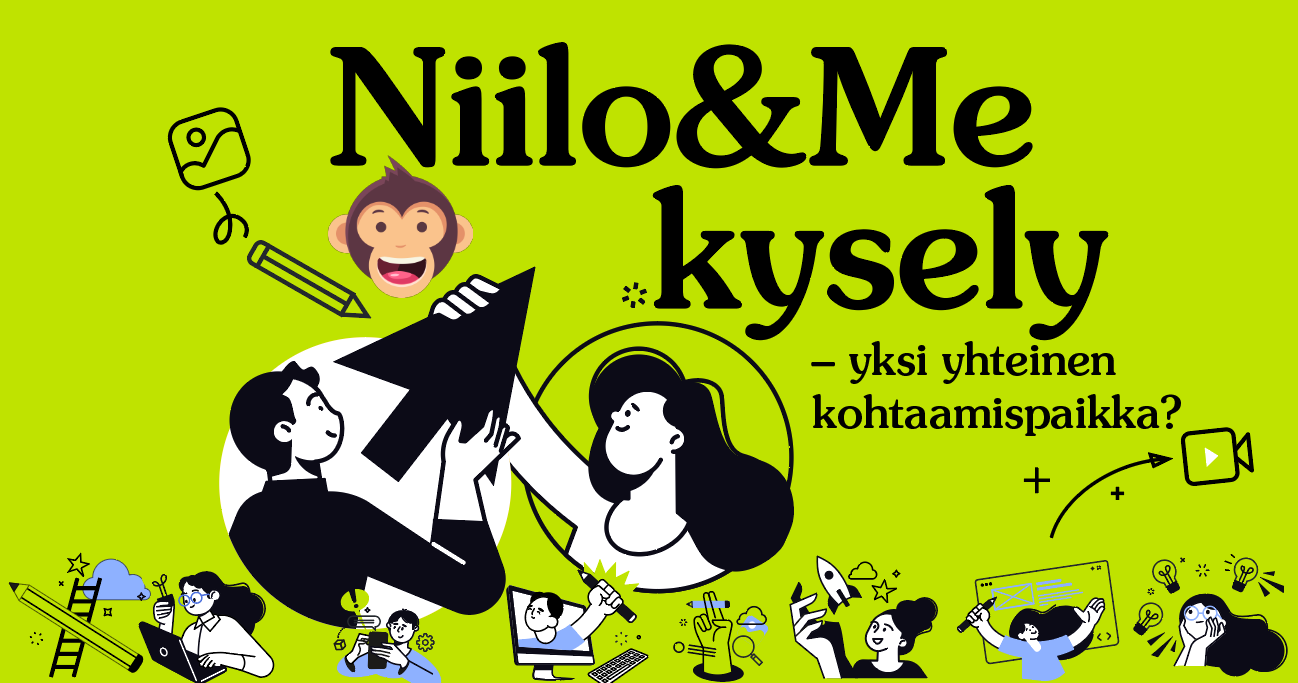 Vihreällä taustalla teksti Niilo&Me kysely – yksi yhteinen kohtaamispaikka? Useita piirroskuvia ihmisistä, esineistä ja symboleista.