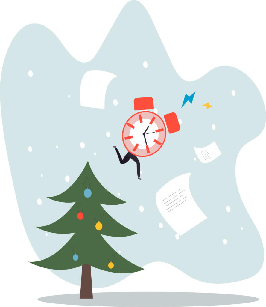 Punainen herätyskello ja kellotaulu, jossa on pienet jalat, lentää taivaalla. Ympärillä leijuu papereita ja maassa on kuusipuu, jossa on värikkäitä koristeita.