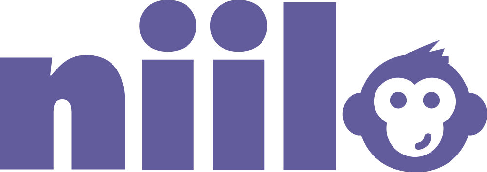 Violetti logo, jossa lukee niilo ja o-kirjaimen tilalla on apinan kasvot.