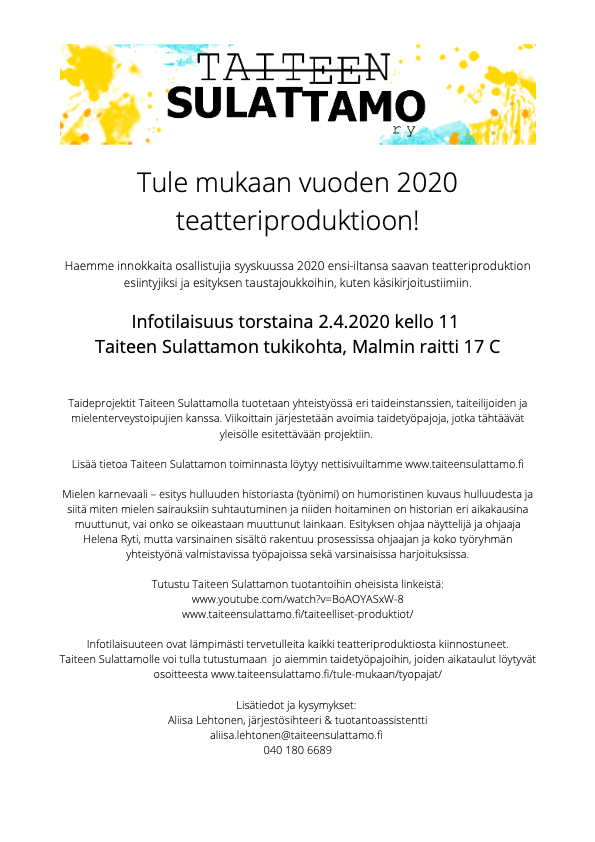 Tule mukaan Taiteen Sulattamon vuoden 2020 teatteriproduktioon!