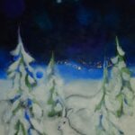 Kaunis jouluinen väripiirros, jossa öinen taivas, otava-tähtikuvio ja lumisia kuusia ja valkoinen jänis