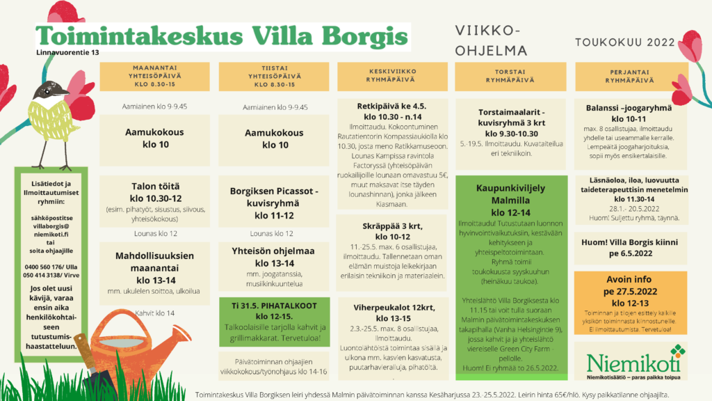 Toimintakeskus Villa Borgis viikko-ohjelma toukokuu 2022