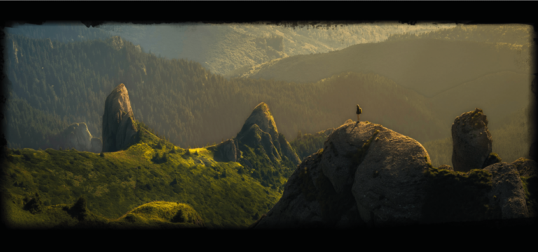 Kuvituskuva Turvallisuus-kirjoituskilpailuun. Vuorinen maisema, jossa seisoo yksinäinen hahmo.
